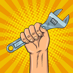 Pop art male hand pressing a big red button Vector Image