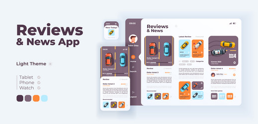 Auto reviews and news app screen adaptive design vector