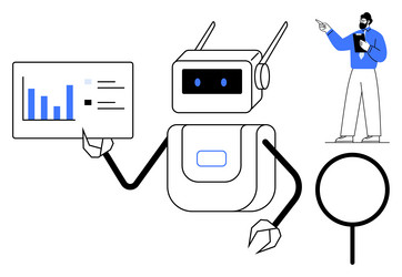 robot analyzing data while professional presents vector image