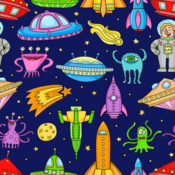 seamless pattern with space objects - ufo rockets vector image