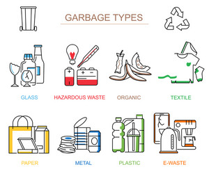 Garbage waste types sorting thin line icon set vector