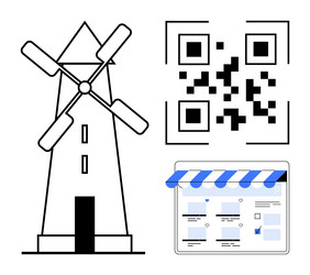 windmill qr code and digital storefront elements vector image