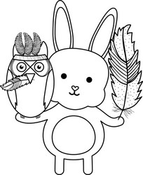 Owl bird and rabbit with feathers hats bohemian vector