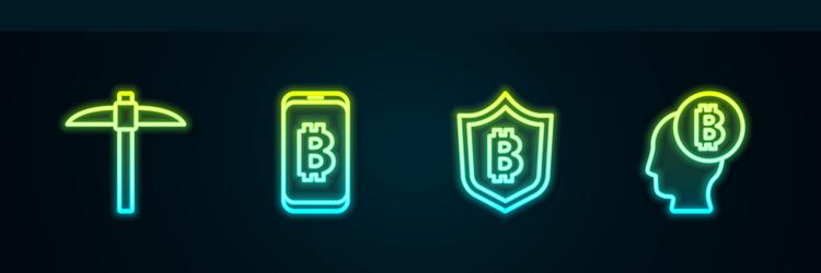 set line pickaxe mining bitcoin from mobile vector image