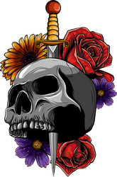 Skull with Roses and Dagger Vector Image