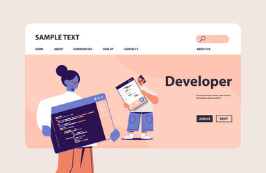 web developers couple creating program code vector image