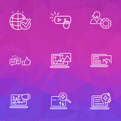 Optimization icons line style set with photo vector