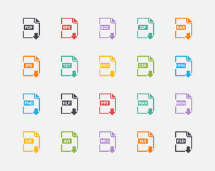 set of document file formats and labels color vector