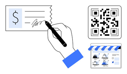hand signing check with qr code and online vector image