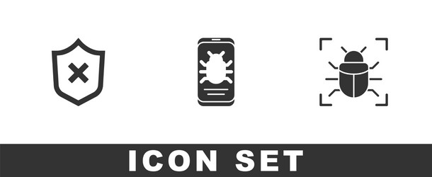 Set shield with cross mark system bug on mobile vector