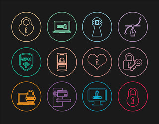 Set line lock and key keyhole with eye mobile vector