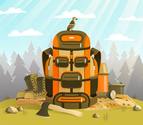 Camp backpack standing on grass against forest vector