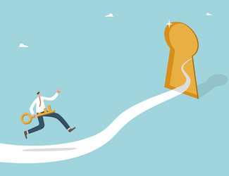 man runs with key on way to keyhole vector image