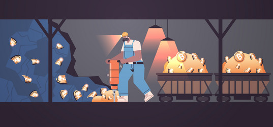 man miner digging and extracting bitcoins in mine vector image