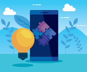 Smartphone technology with puzzles and bulb idea vector