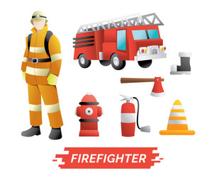 Set of designed firefighter elements coloured fire