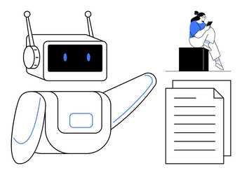 robot interacting with a tablet-using person next vector image