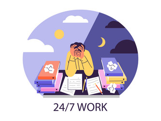 workaholic works day and night flat vector