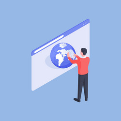 man browsing 3d globe on website page vector image