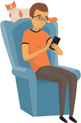 Man Relaxing with Cat and Phone vector image