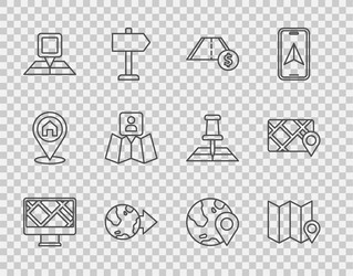 set line monitor with map location folded marker vector image