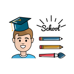 student with pencils and paint brush school tools vector