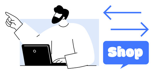 man pointing while using laptop near shopping vector image