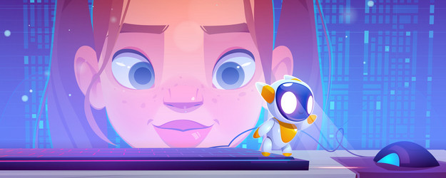 girl face on computer desktop with digital data vector image