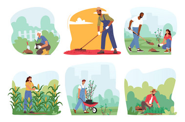 Set of characters immersed in gardening hands vector