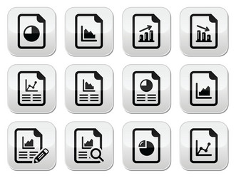 Document with pie chart graph buttons set vector