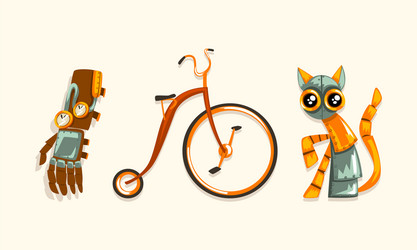 steampunk fictional objects and mechanism with cat vector image
