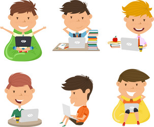 students learn and do homework by computer vector image