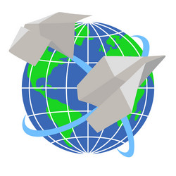 Paper airplanes fly around the planet earth vector