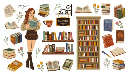 book store elements cute bibliophile girl vector