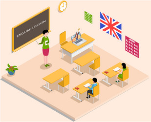 School education isometric with teacher and pupil vector