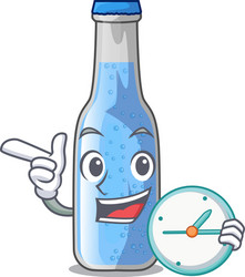 With clock soda water bottle near cartoon table vector