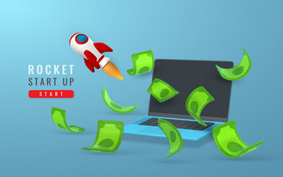 cute cartoon start up banner with laptop rocket vector