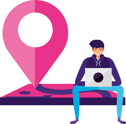man using laptop with pin pointer location vector image