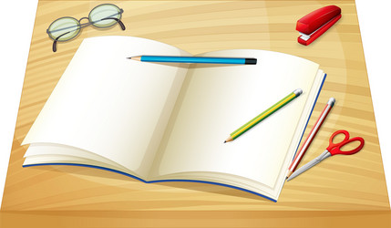 a table with an empty notebook pencils stapler vector image
