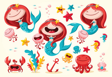 Cute Mermaid & Sea Animals Set Vector Image