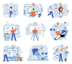 Busy employee balancing multiple tasks can leave vector