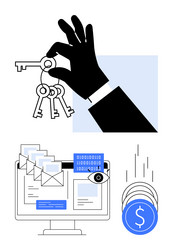 hand holding keys computer with emails binary vector image