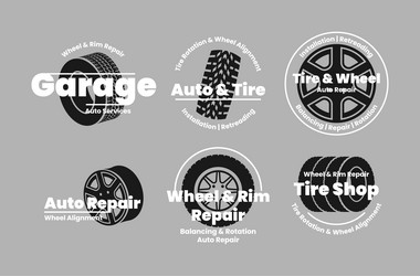 wheel rim repair automobile garage promo badge set Vector Image