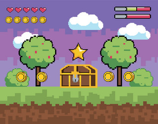 videogame scene with pixelated trees and coffer vector