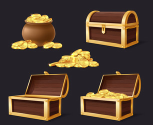 Chest with golden coins bag and stack vector