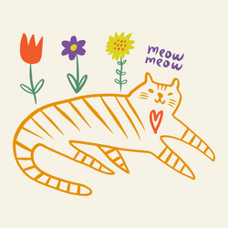 cat tiger and flowers cool trendy doodle boho vector