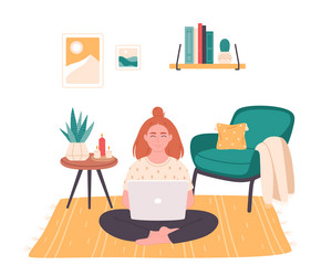 Woman sitting with laptop in living room vector