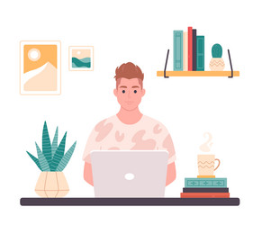 man working with computer home office freelance vector