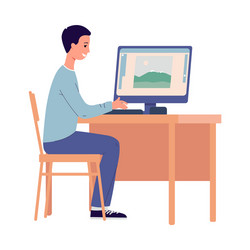man frames photos on a computer for printing flat vector image