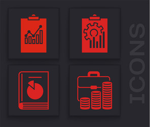 set briefcase and coin clipboard with graph chart vector